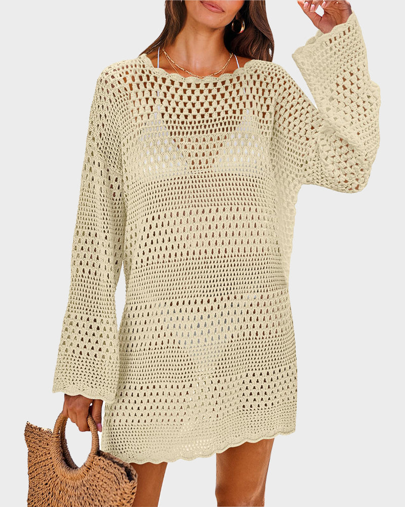 Long Sleeve Crochet Swim Cover Up Beach Dress