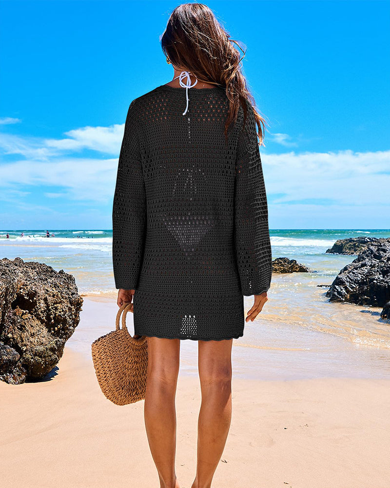 Long Sleeve Crochet Swim Cover Up Beach Dress
