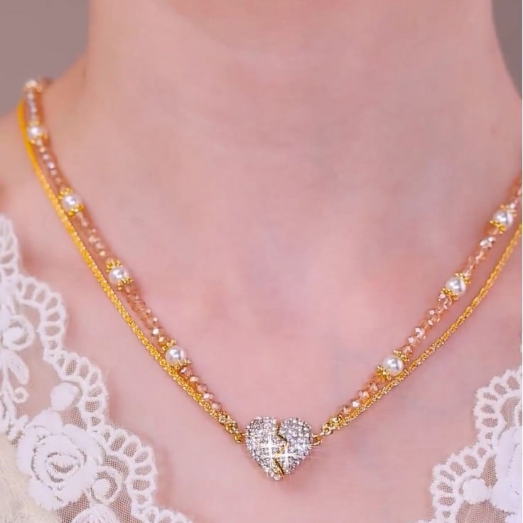 Magnetic Heart Pearl Double‐Layer Choker Necklace