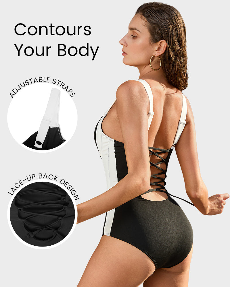 Deep V Lace-Up Back Sculpting Swimsuit