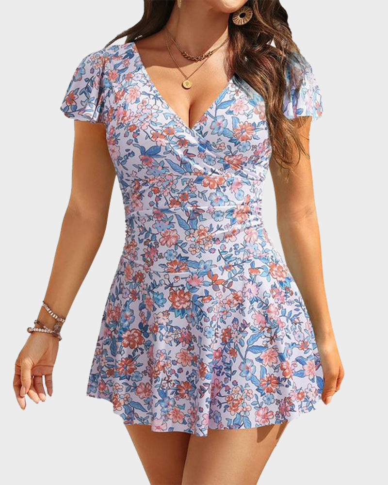 Ruffle Sleeve V-Neck Tummy Control Swimdress