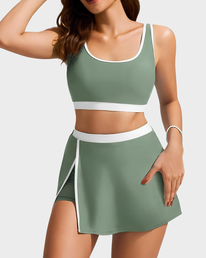 Sporty Color Block Side Slit Skirted Bikini Set
