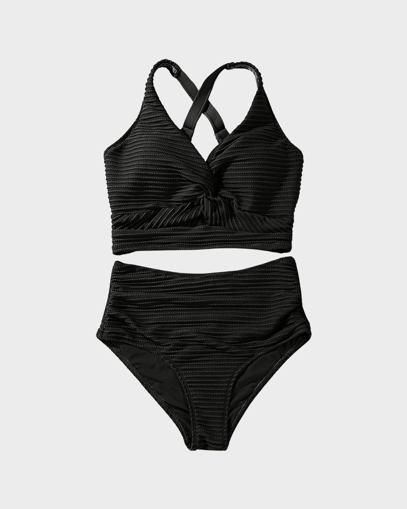 Textured Knot-Front High-Waisted Bikini Set