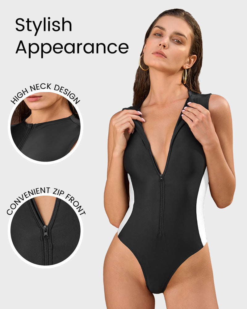 Zip Front High Neck Lace-Up Back Sculpting Swimsuit