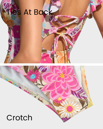 Deep V Ruffled Lace-Up Floral Print Swimsuit