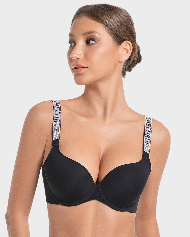 Deep V Push-Up Bra with Rhinestone Strap