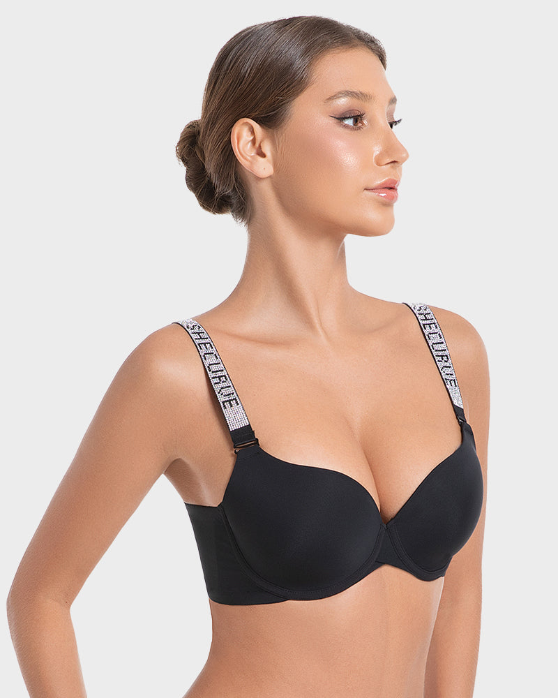 Deep V Push-Up Bra with Rhinestone Strap