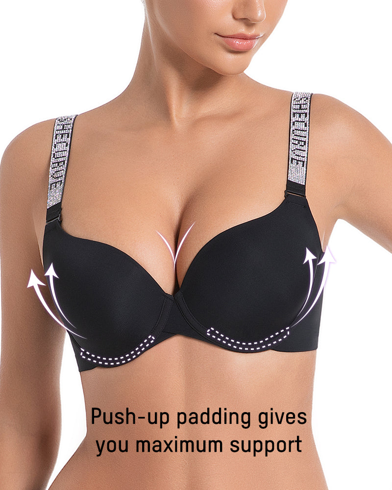 Deep V Push-Up Bra with Rhinestone Strap