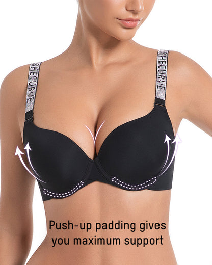 Deep V Push-Up Bra with Rhinestone Strap