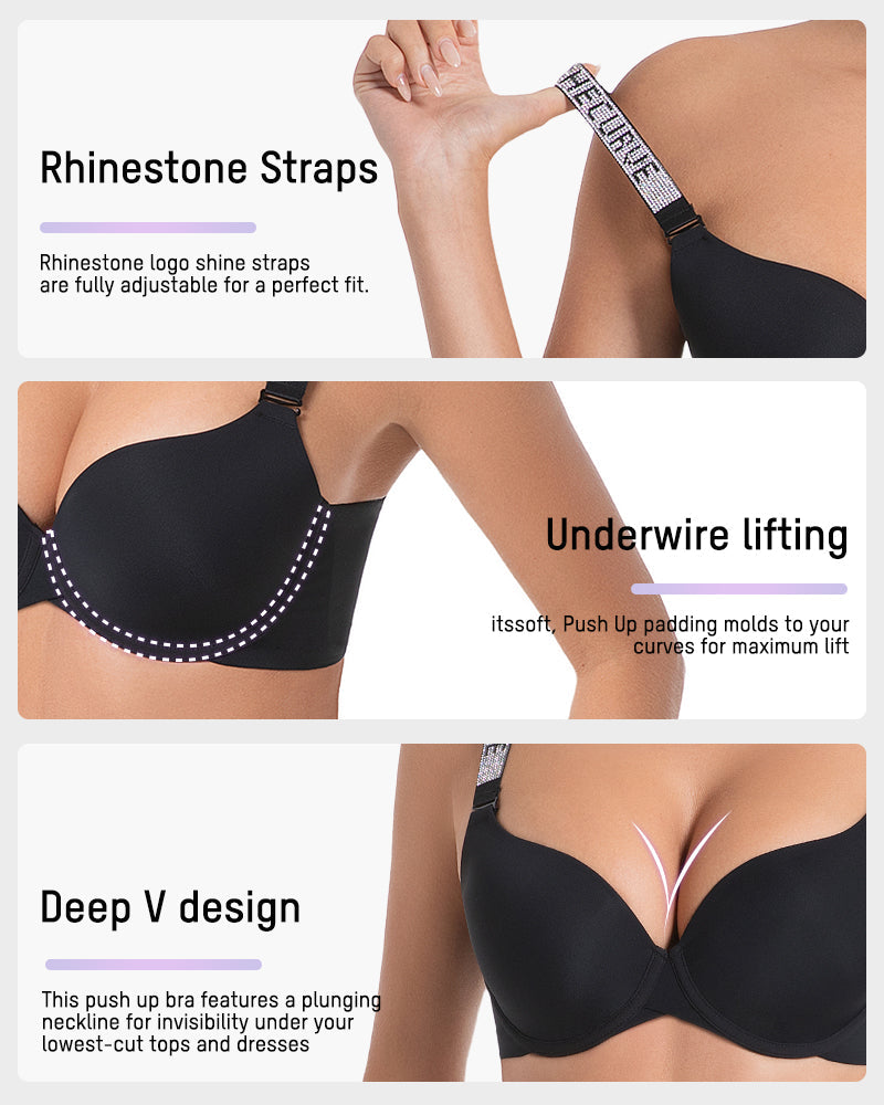 Deep V Push-Up Bra with Rhinestone Strap