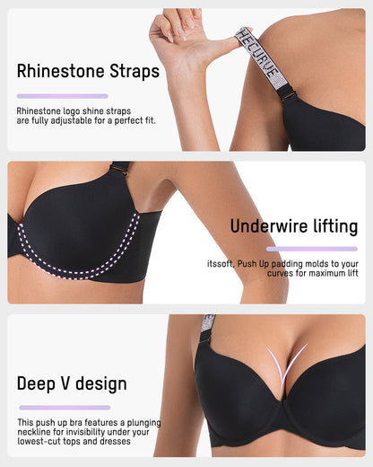 Deep V Push-Up Bra with Rhinestone Strap