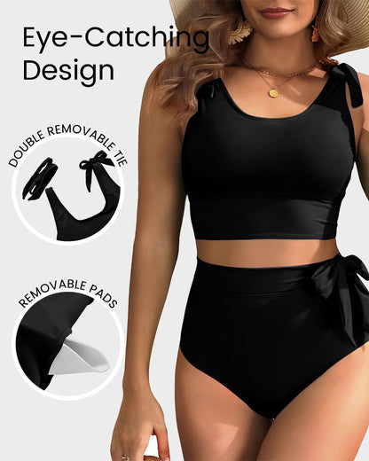 Double Tie Shoulder High Waist Tummy Control Bikini Set