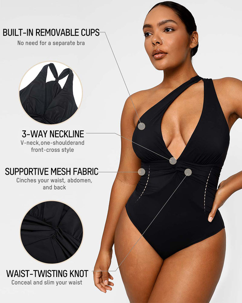 Plunge Ruched Twist-Front Shaping Swimsuit