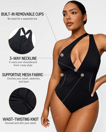 Plunge Ruched Twist-Front Shaping Swimsuit