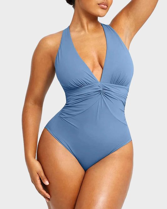 Plunge Ruched Twist-Front Shaping Swimsuit