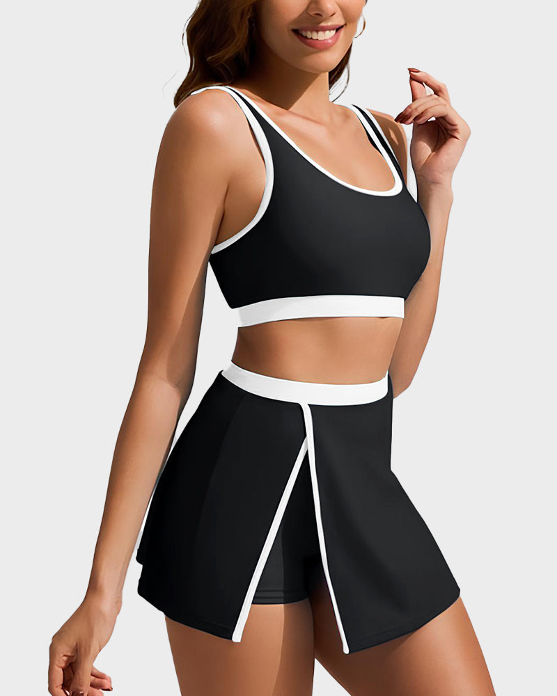 Sporty Color Block Side Slit Skirted Bikini Set