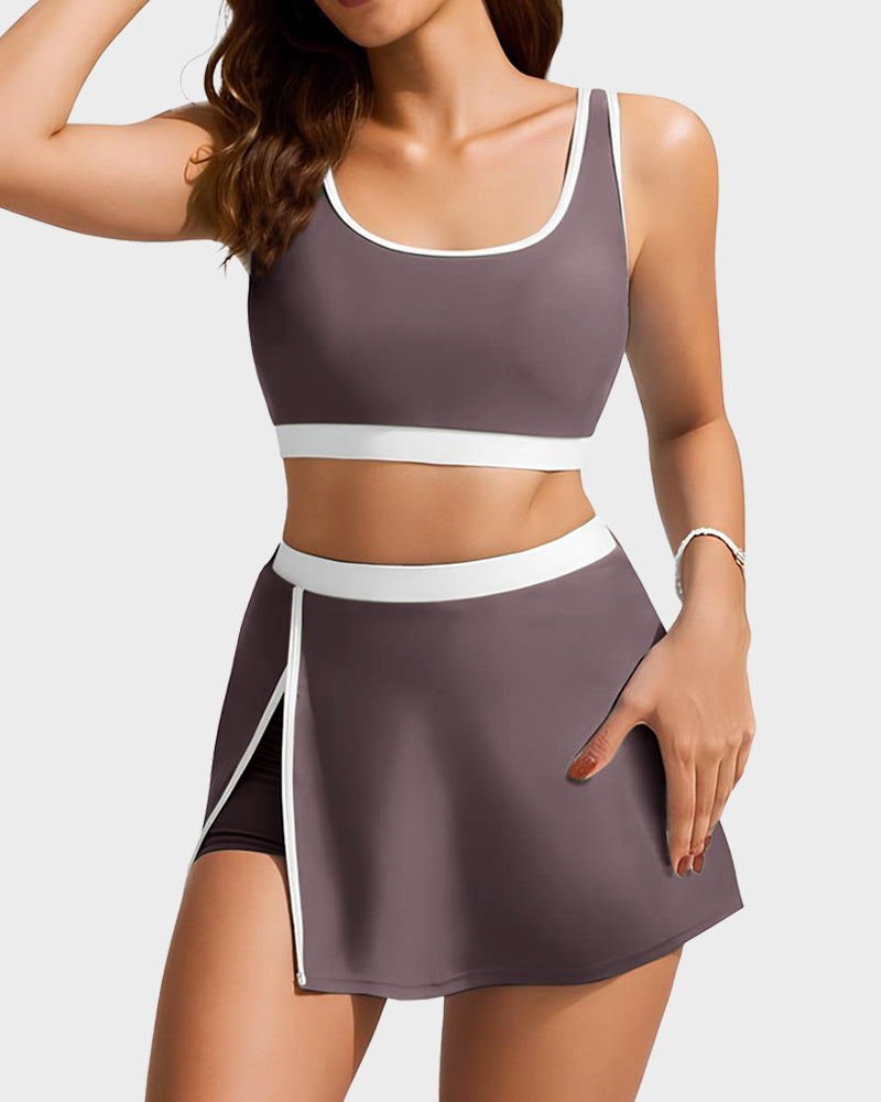Sporty Color Block Side Slit Skirted Bikini Set