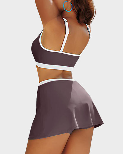 Sporty Color Block Side Slit Skirted Bikini Set