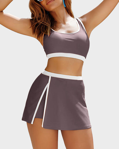 Sporty Color Block Side Slit Skirted Bikini Set