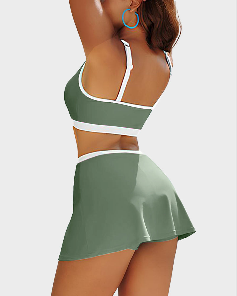 Sporty Color Block Side Slit Skirted Bikini Set