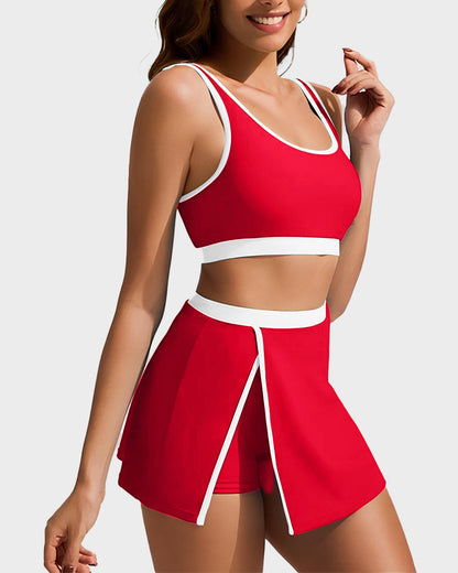 Sporty Color Block Side Slit Skirted Bikini Set