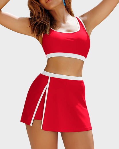 Sporty Color Block Side Slit Skirted Bikini Set
