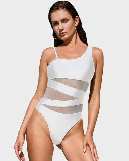 One Shoulder Mesh Insert High Cut One-Piece Swimsuit